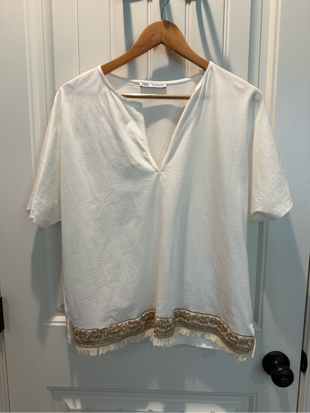 Zara White Short-Sleeve Top with Gold Trim and Fringe
